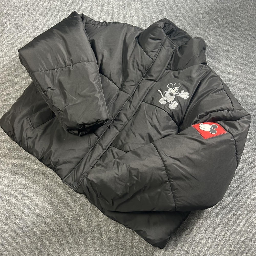 Disney Mickey Mouse Jacket women's XL Black Puffer Quilted Embroidered Cartoon